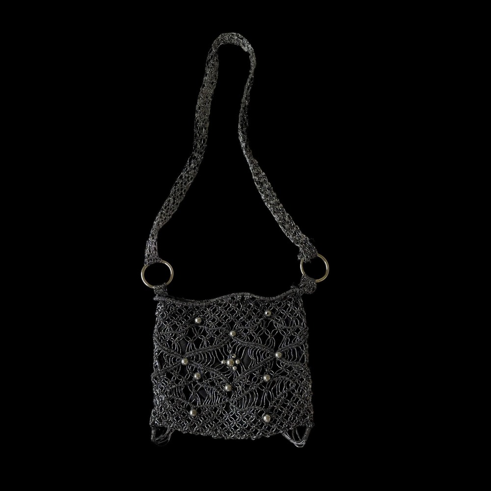 Y2K Gunmetal Metallic Crochet Mesh Crossbody Bag Fringe‎ Tassels Broken Ring